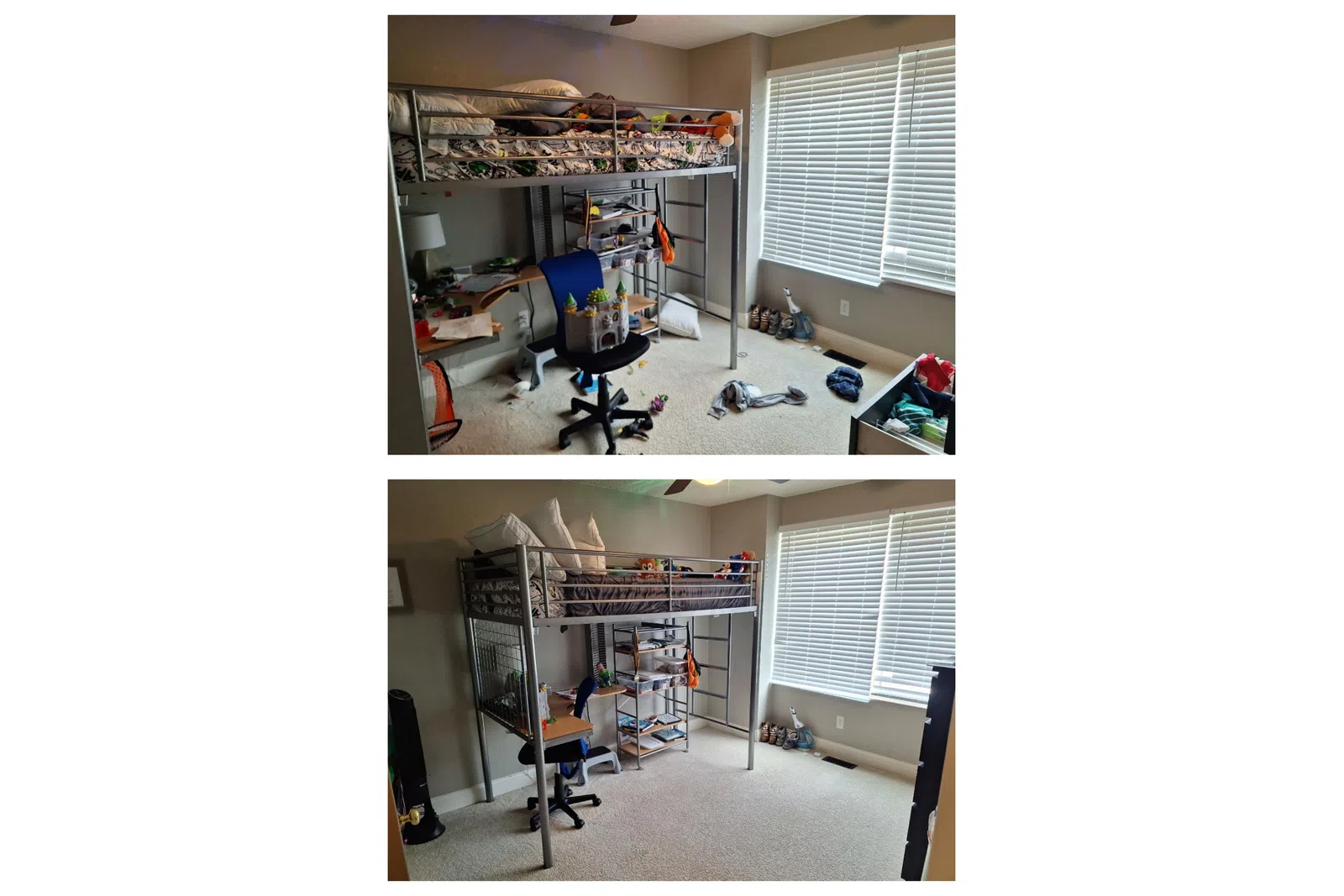 Before and after photos of a child bedroom with a loft bed, desk, and chair tidied and cleaned up.