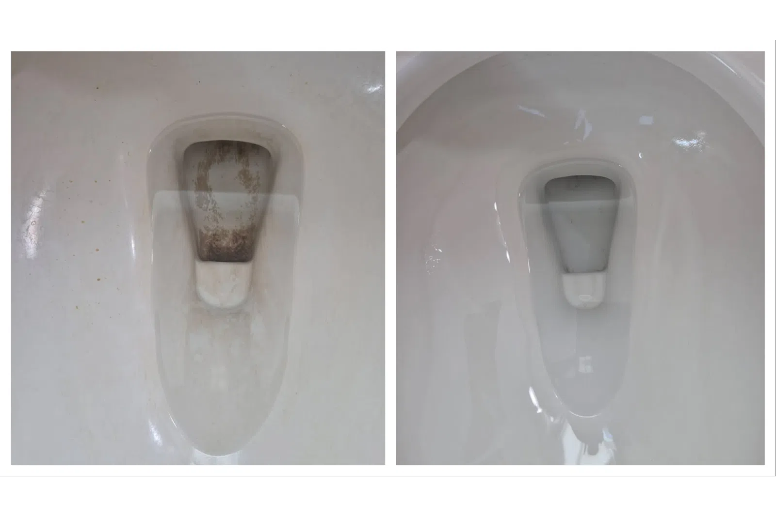 Side-by-side comparison of dirty and clean urinals displaying cleaning done by MaidPro Littleton