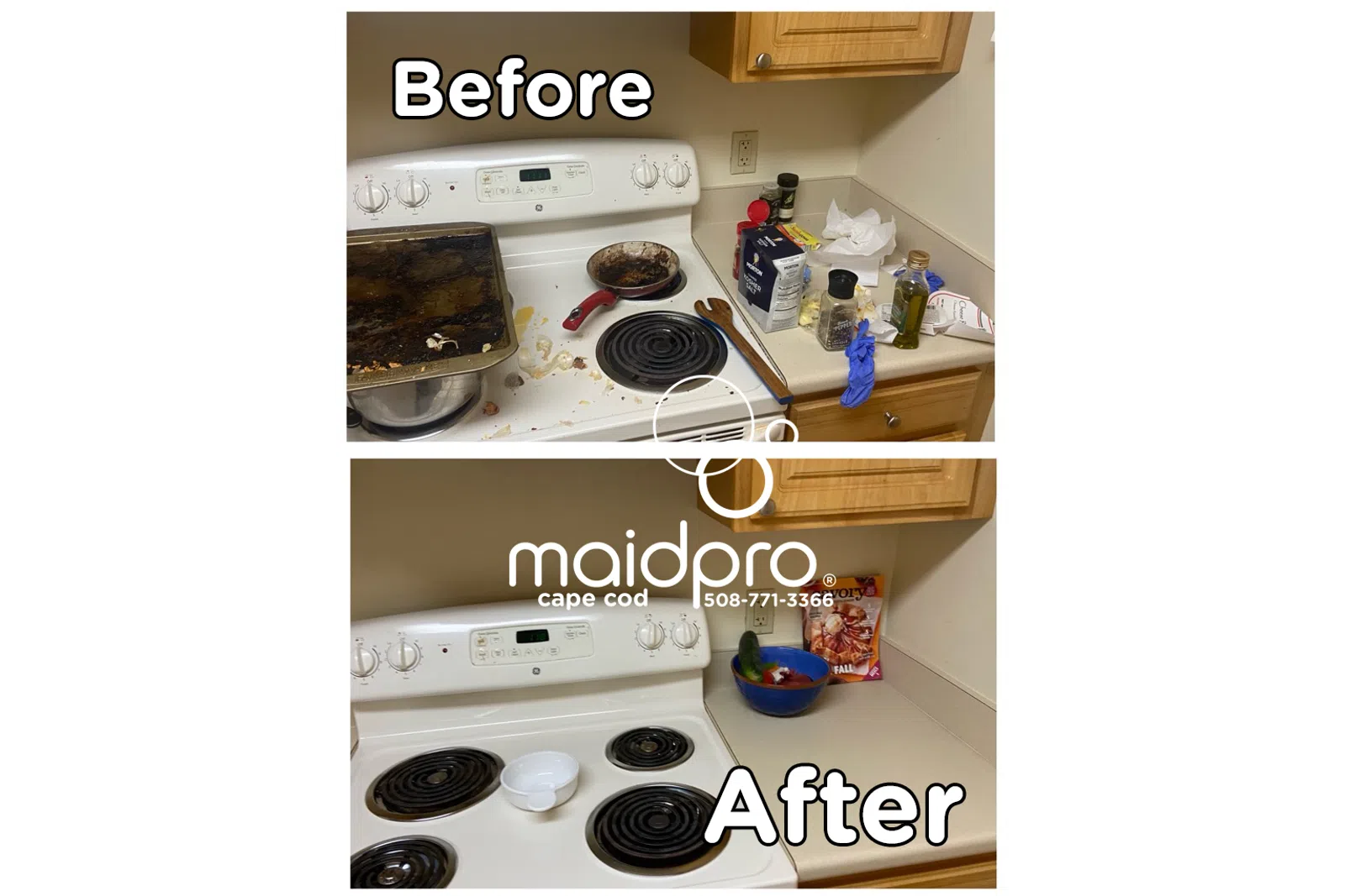 a kitchen with a stove and pans on the stove