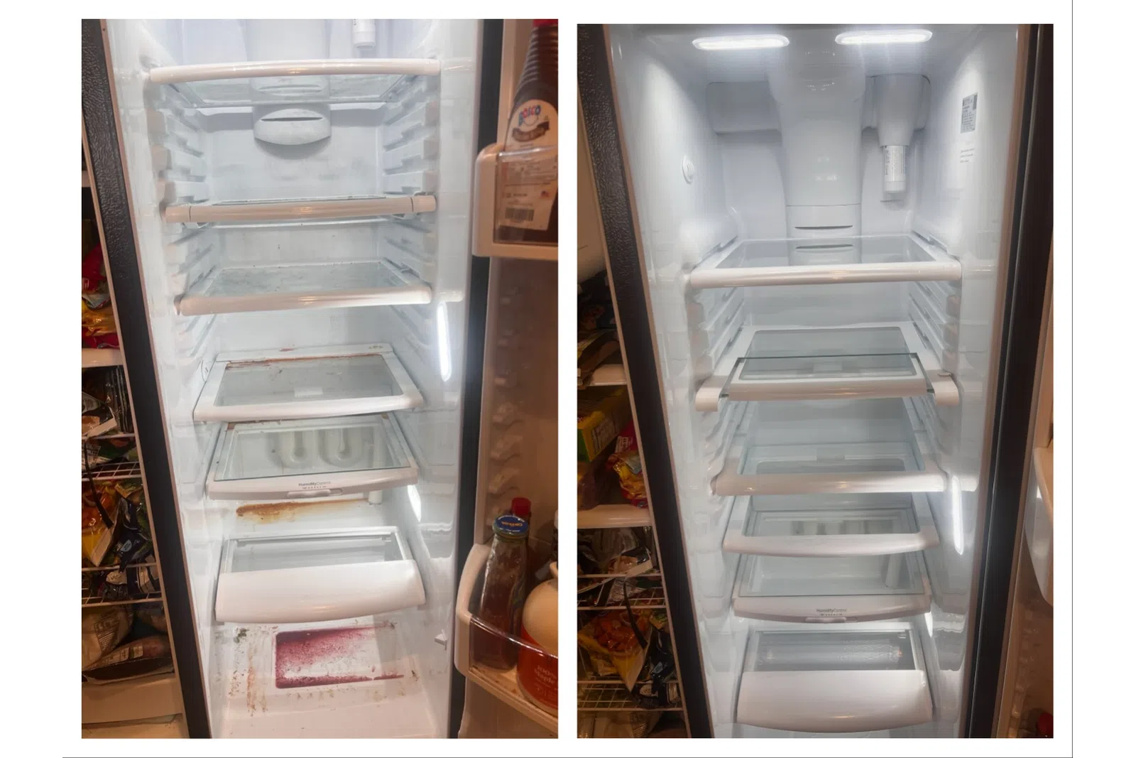 Side-by-side comparison of a dirty and clean empty refrigerator interior with glass shelves and door compartments cleaned by the pros at MaidPro