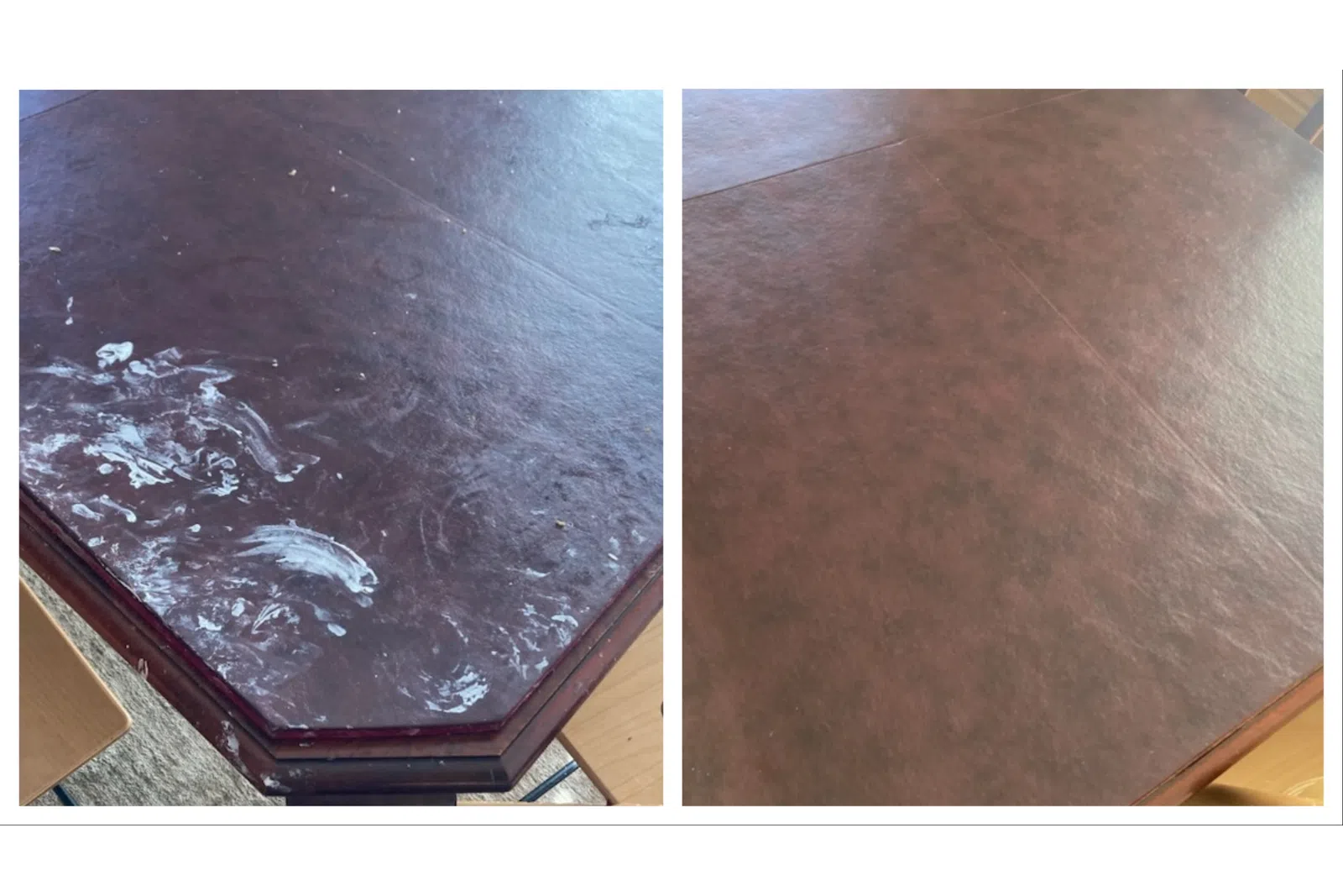 Before and after cleaning comparison of a glossy table surface showing significant improvement.