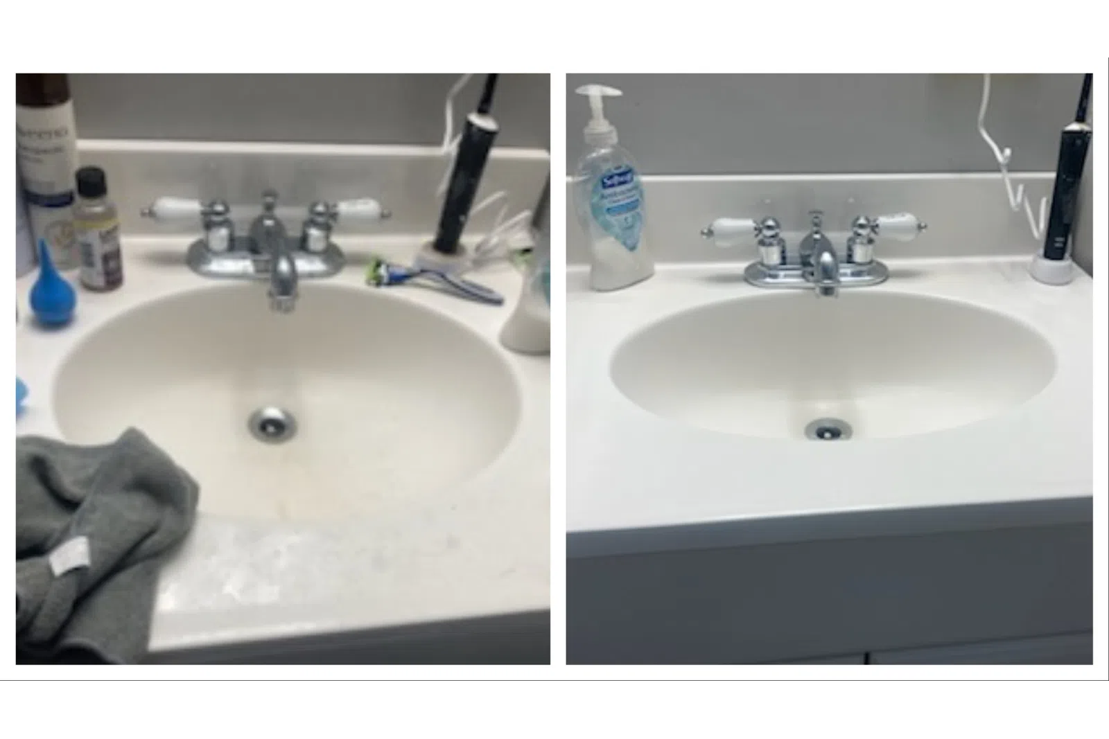 before and after images of a bathroom sink from a house cleaning service done by MaidPro Denver 