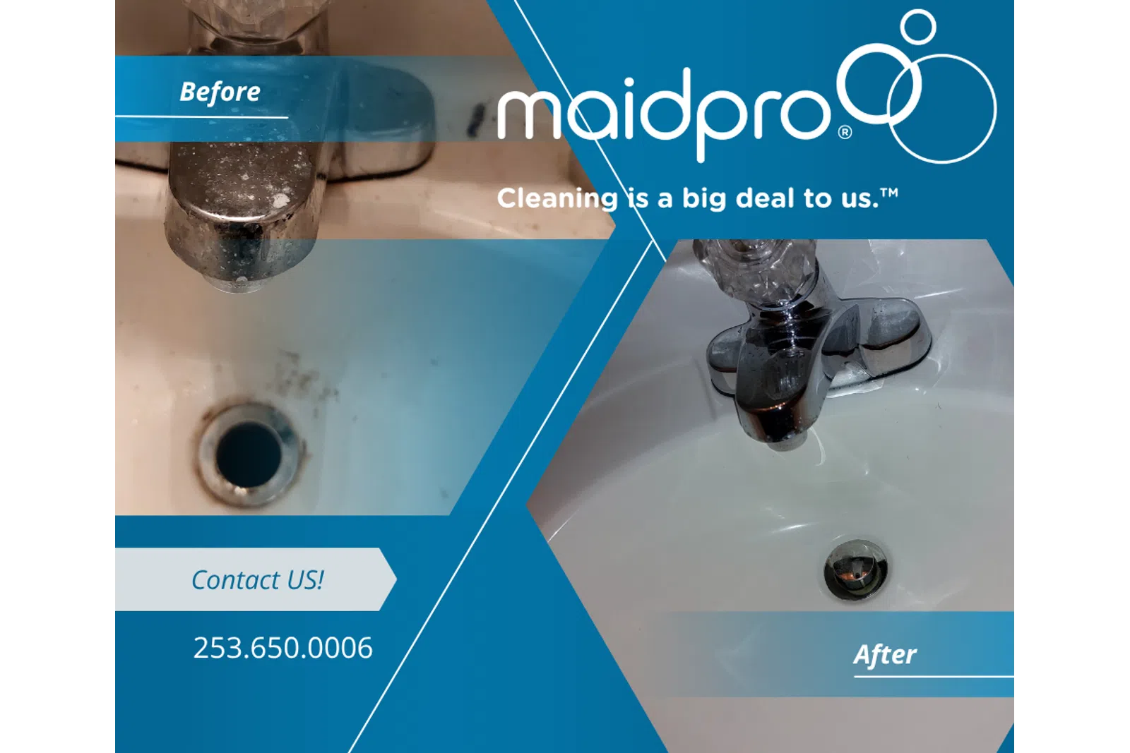 Before and after images of a cleaned sink faucet and basin showing MaidPro cleaning service results.
