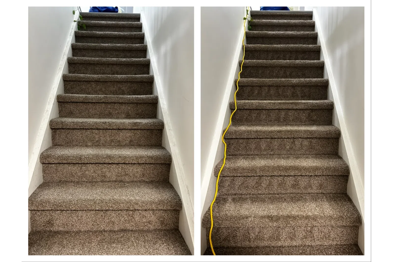 Side-by-side images of carpeted stairs, one plain and one with a yellow cable running along the left side.