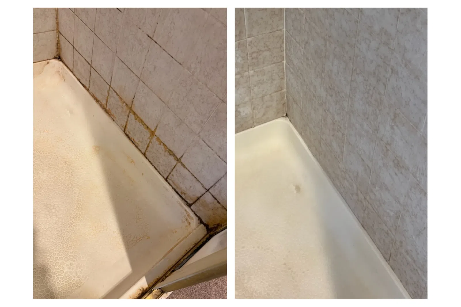 Before and after images showing a bathtub corner with heavy mold and grime cleaned to a spotless condition by MaidPro Denver