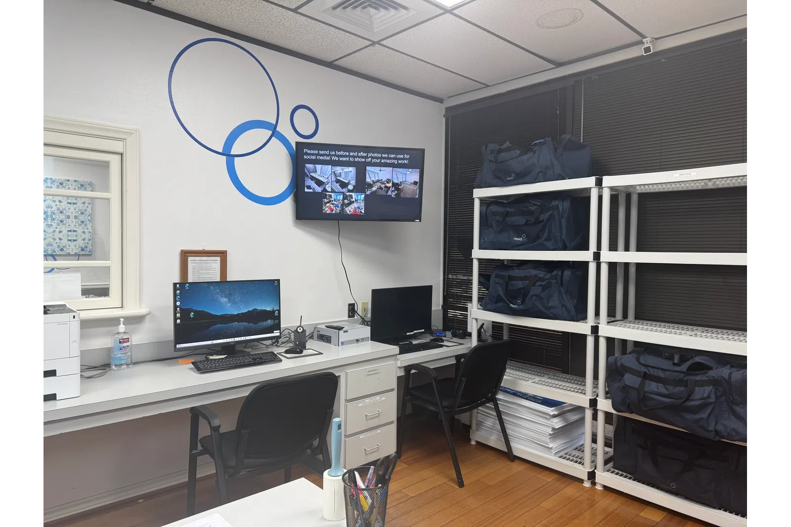 a room with a desk and a computer