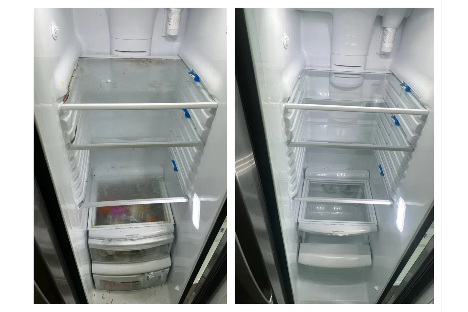 Side-by-side comparison of a dirty fridge interior before and a clean fridge interior after cleaning from MaidPro