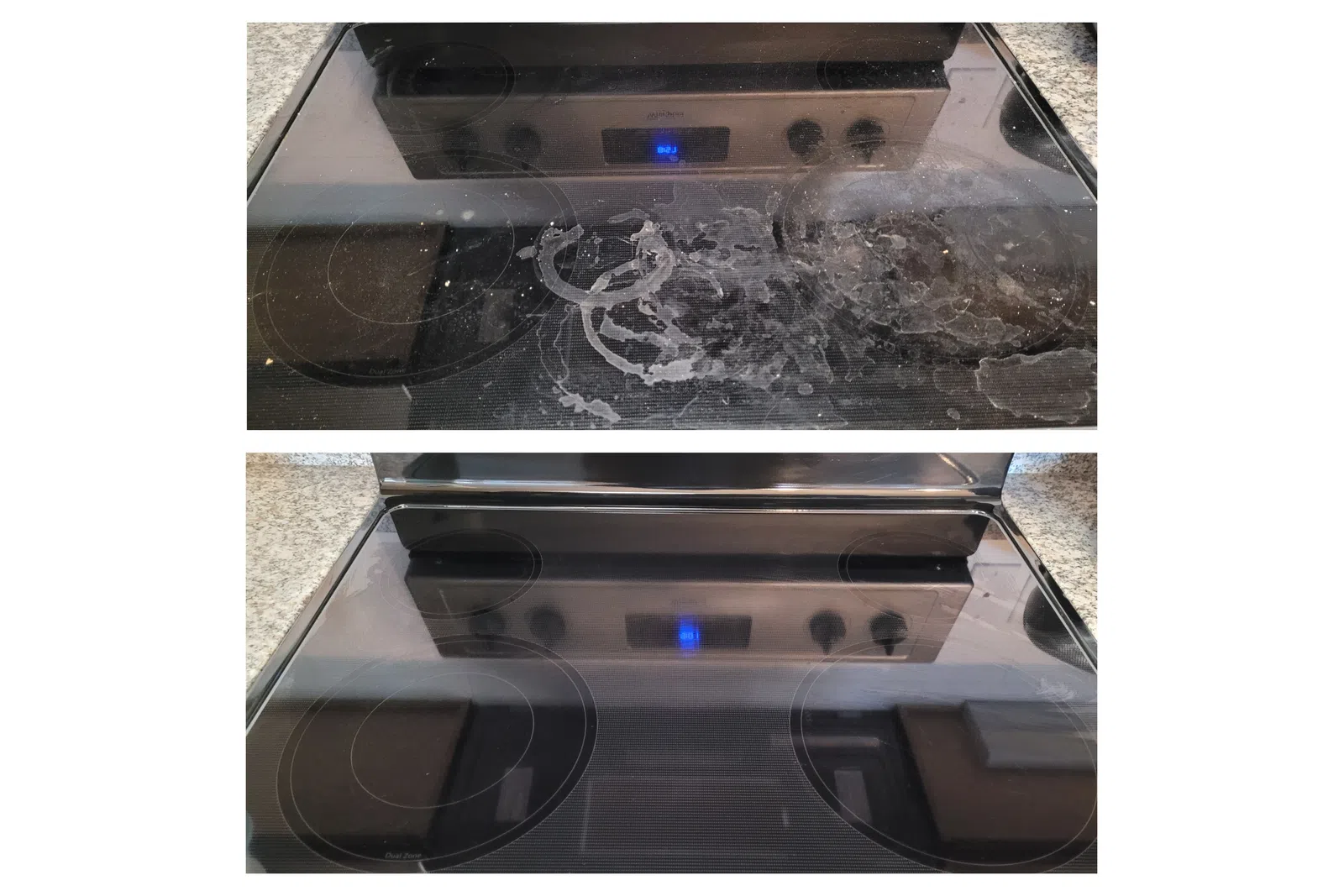 Before and after images of a black glass stovetop showing heavy stains and a fully cleaned surface cleaned by the professionals at MaidPro Arvada