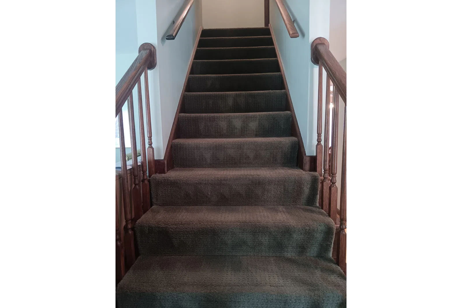 Carpeted staircase with dark brown carpet and wooden handrails on both sides inside a house.