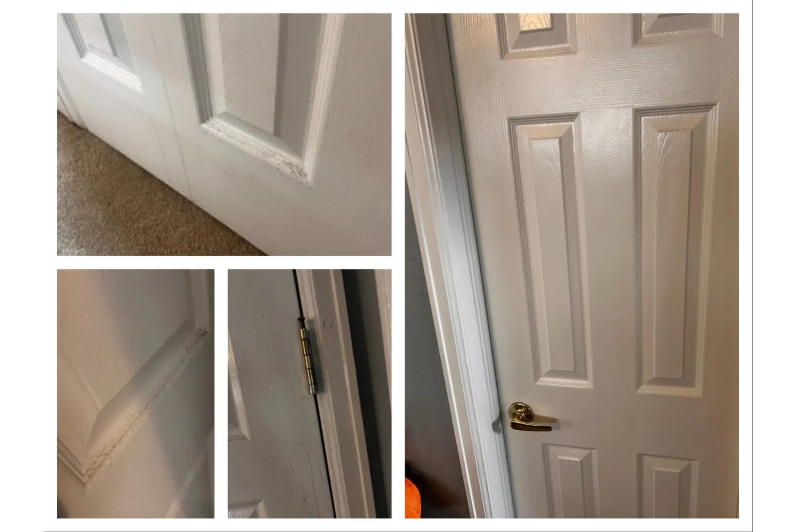 Collage showing a white interior door with scuffed edges, door hinge, and a polished brass handle.