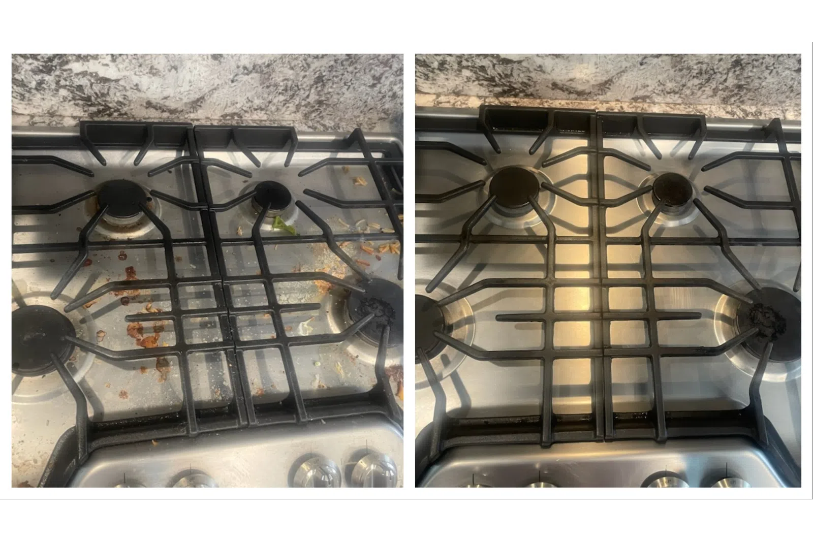 Before and after cleaning of a stove grates with professional cleaning done by MaidPro