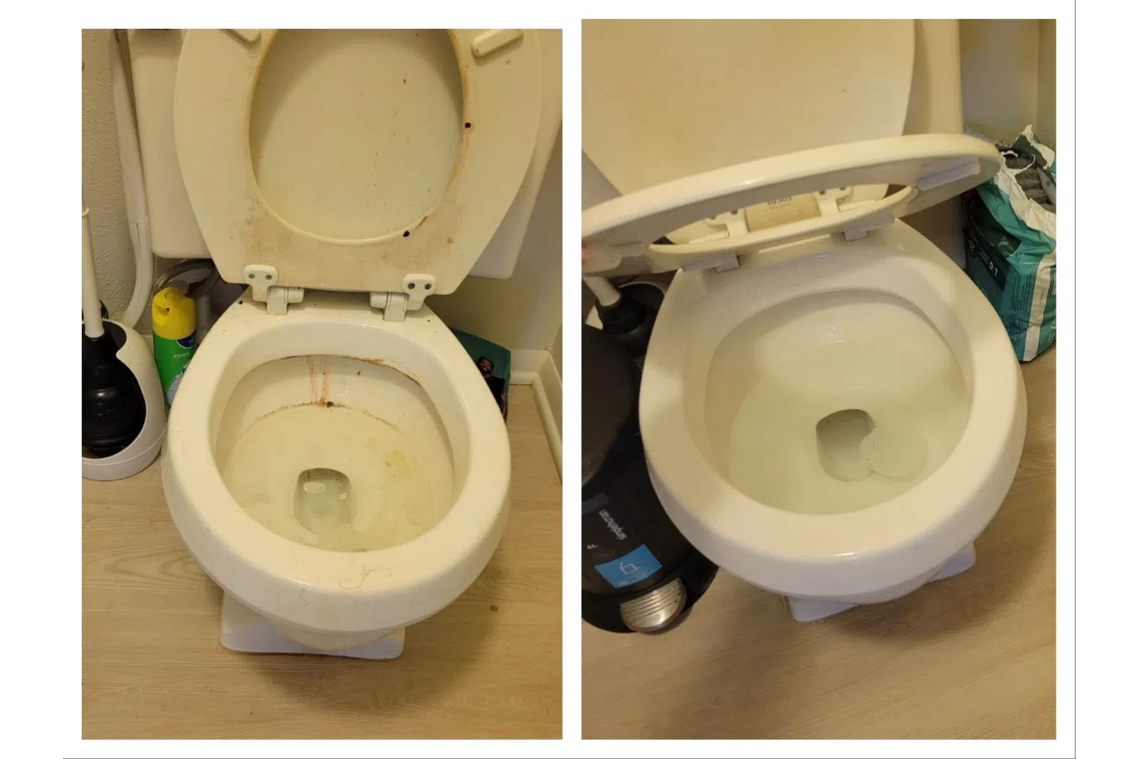 Side-by-side comparison of a dirty toilet bowl and the same toilet thoroughly cleaned and spotless.