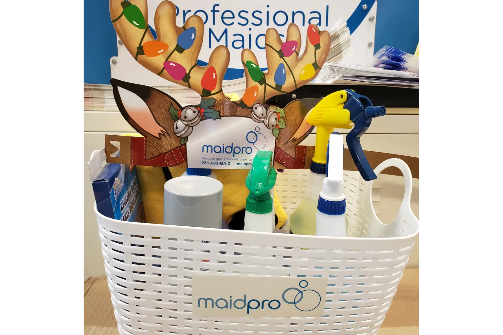 basket of cleaning supplies for MaidPro Houston Central
