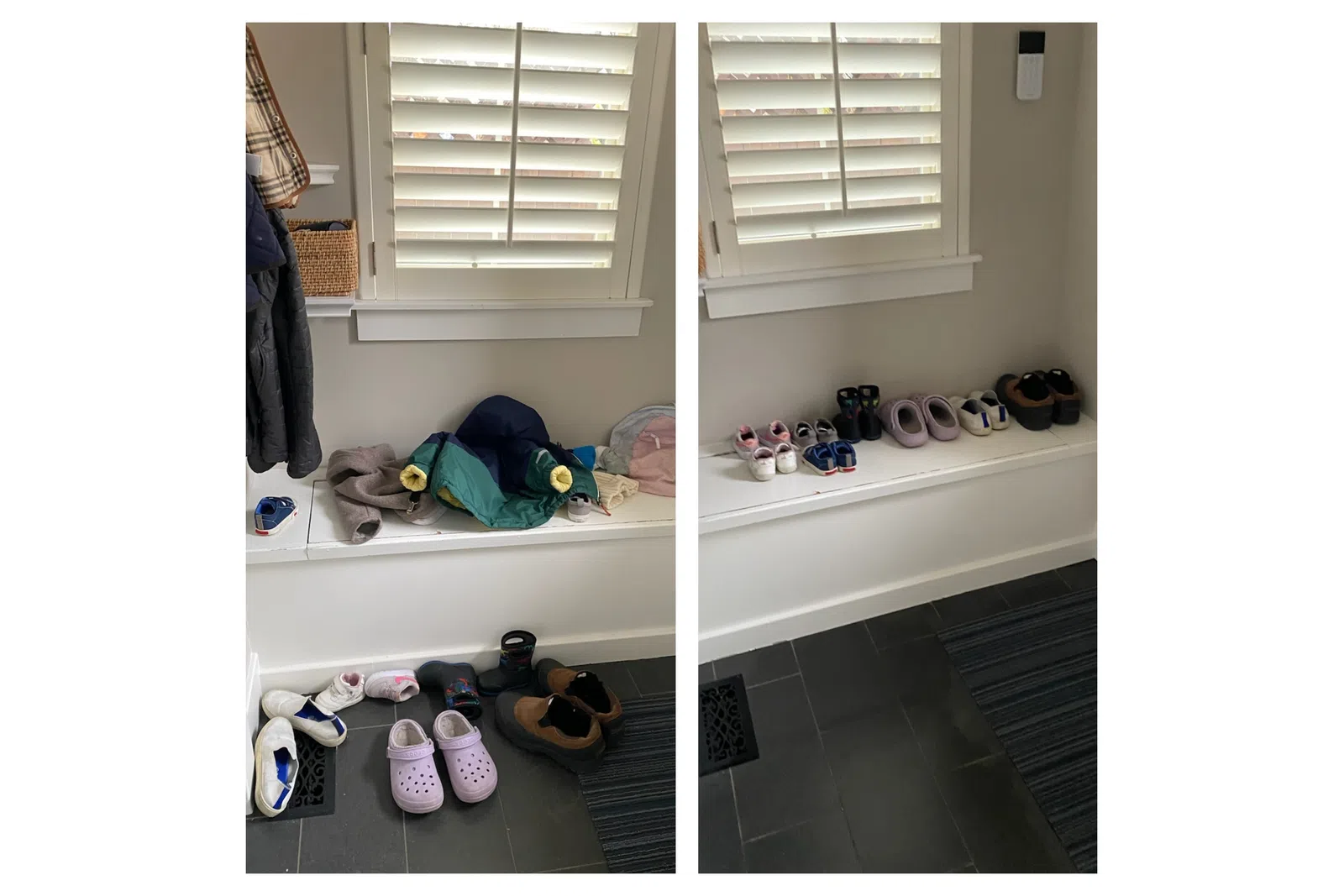 Before and after photos of a mudroom bench area cluttered with shoes and jackets, then neatly organized by MaidPro