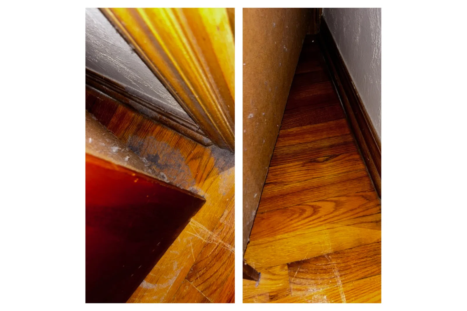 Close-up comparison of scratched and clean hardwood floor corners near walls and furniture by the professionals from MaidPro Denver