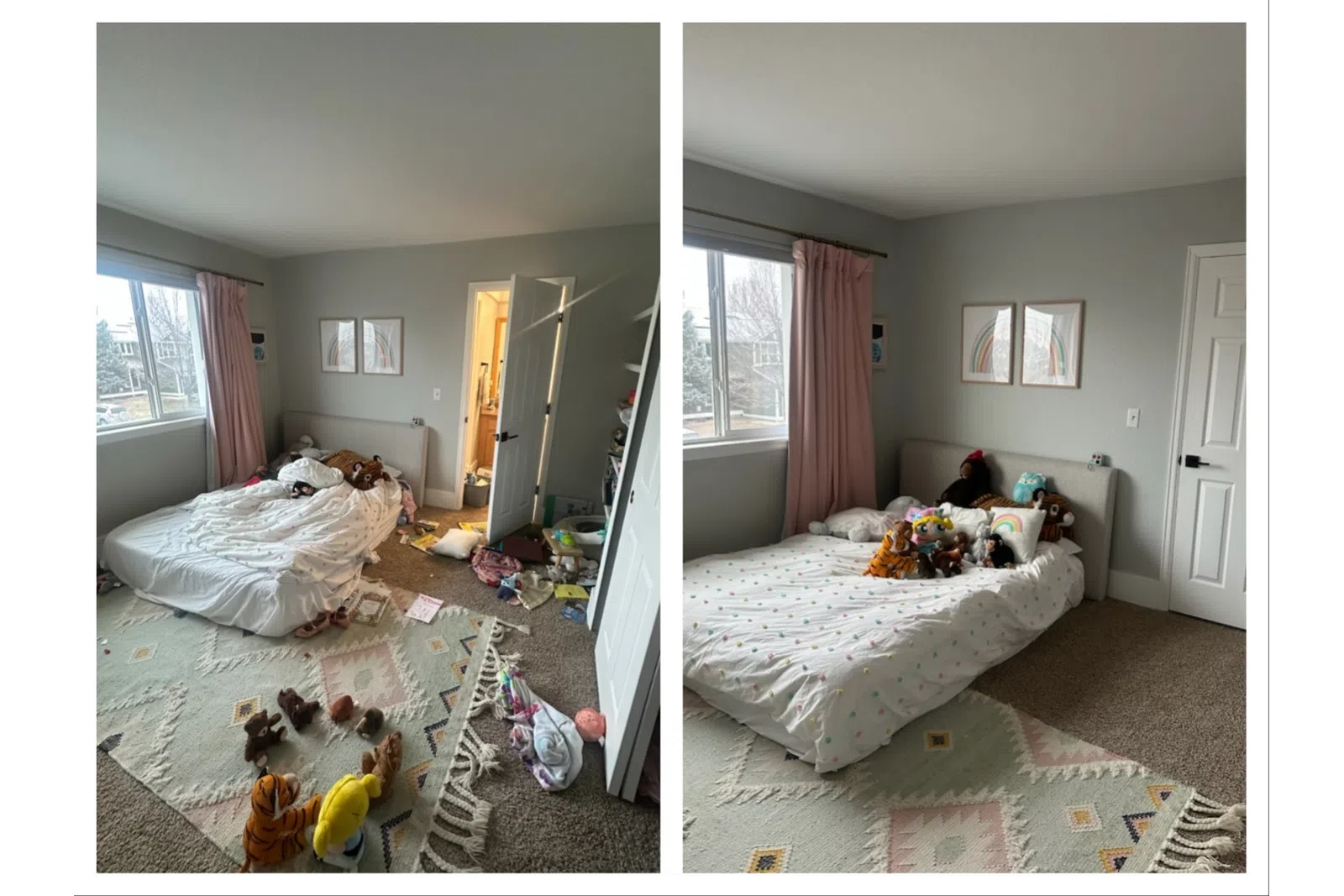 Before and after images of a child's bedroom showing a messy room cleaned and organized with toys on the bed.