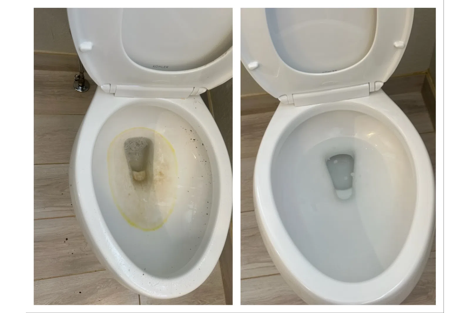 Side-by-side comparison of a toilet bowl before and after thorough cleaning, showing stained and clean surfaces.