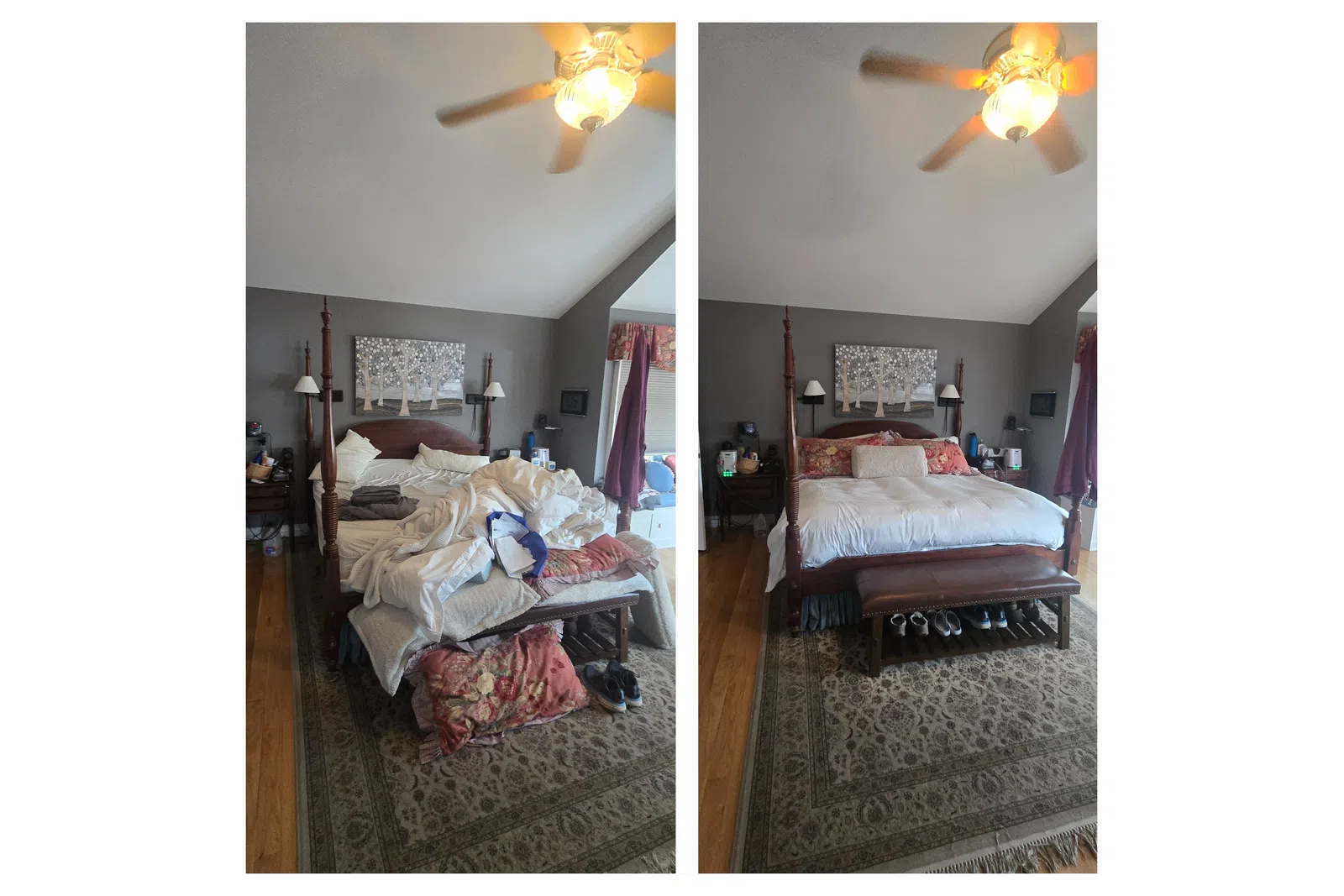 Side-by-side comparison of a messy and a neatly made bed from MaidPro Arvada, Colorado