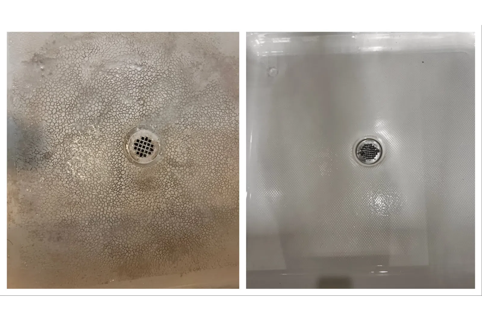 Before and after comparison of a cleaned shower floor showcasing significant cleaning done by professionals at MaidPro