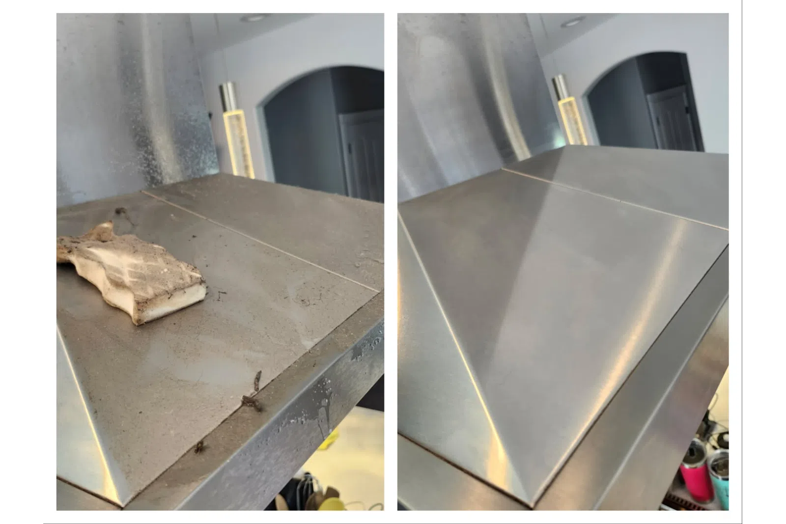 Side-by-side image showing a dusty metal surface before and a clean metal surface after cleaning.