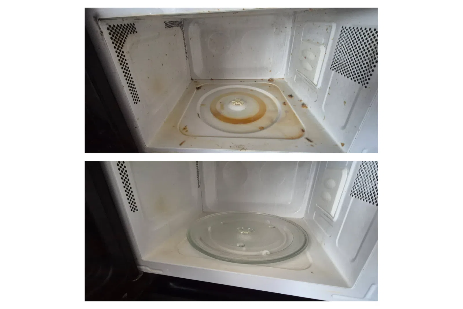 Before and after images of a microwave interior showing heavy stains cleaned to a spotless condition.
