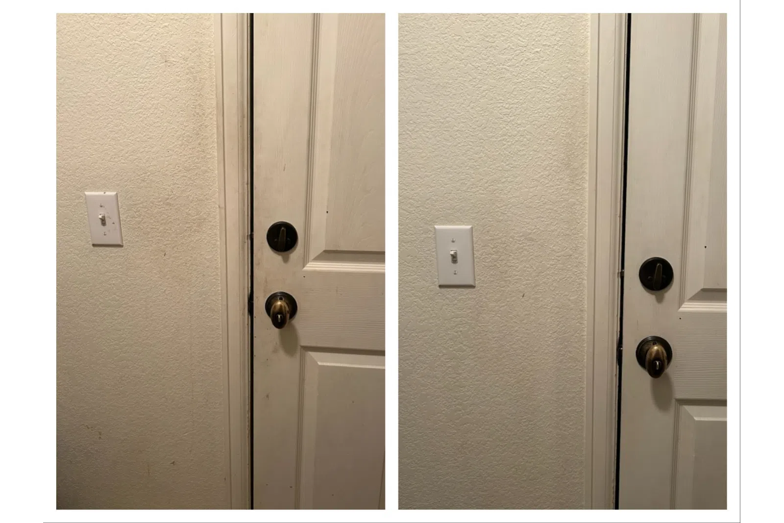 Comparison of a door with and without a gap showing improvement in door closure and alignment.