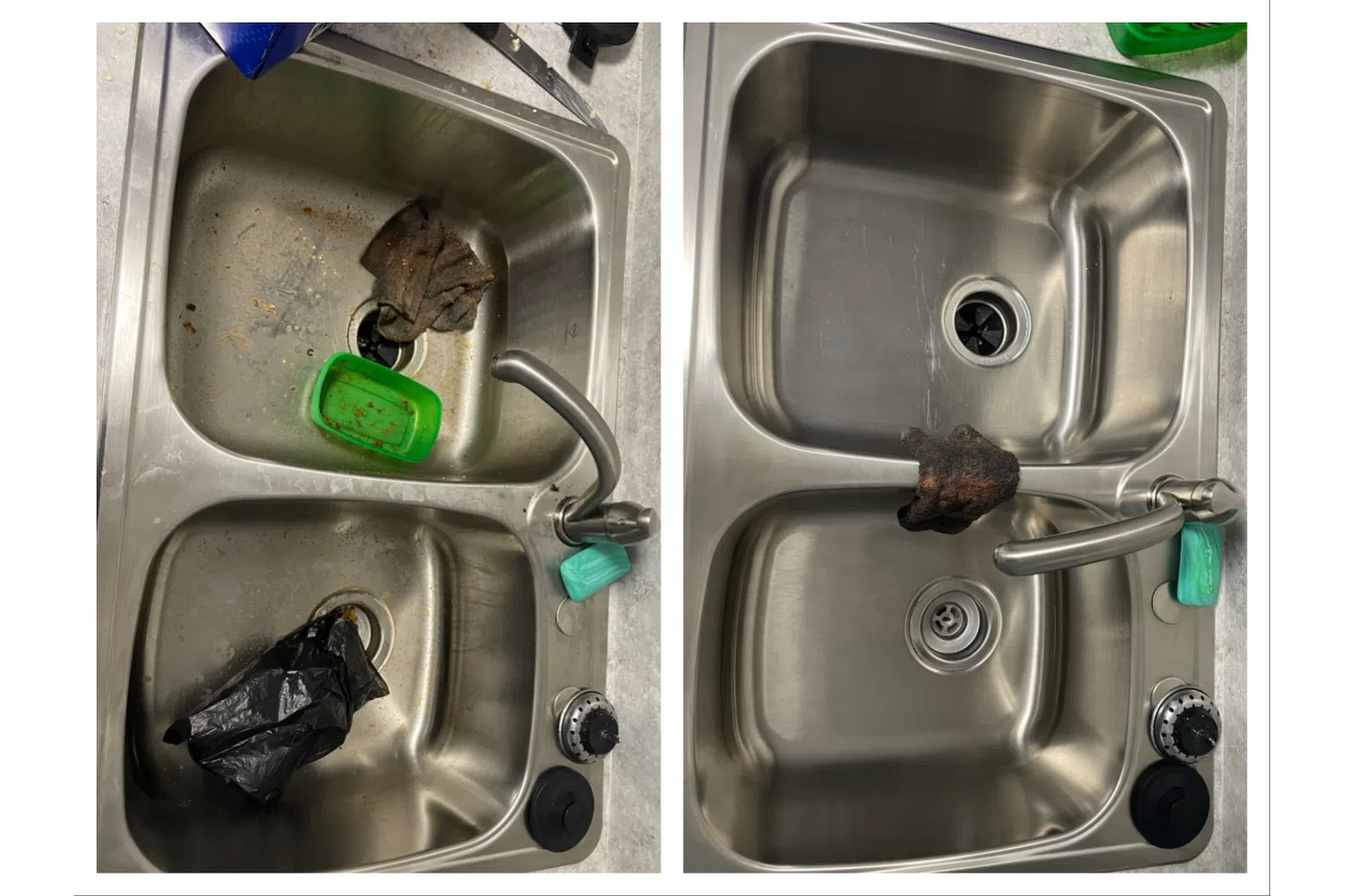 Side-by-side comparison of a kitchen sink before and after cleaning with debris removed and surface shiny.