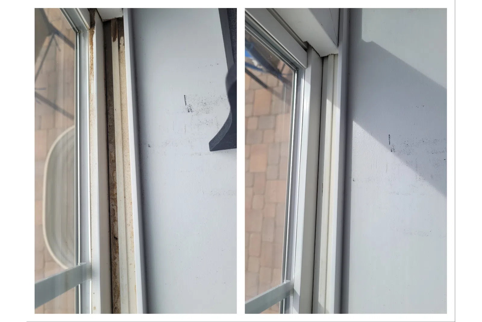 Side-by-side comparison of window track before and after cleaning showing removal of dirt and grime.