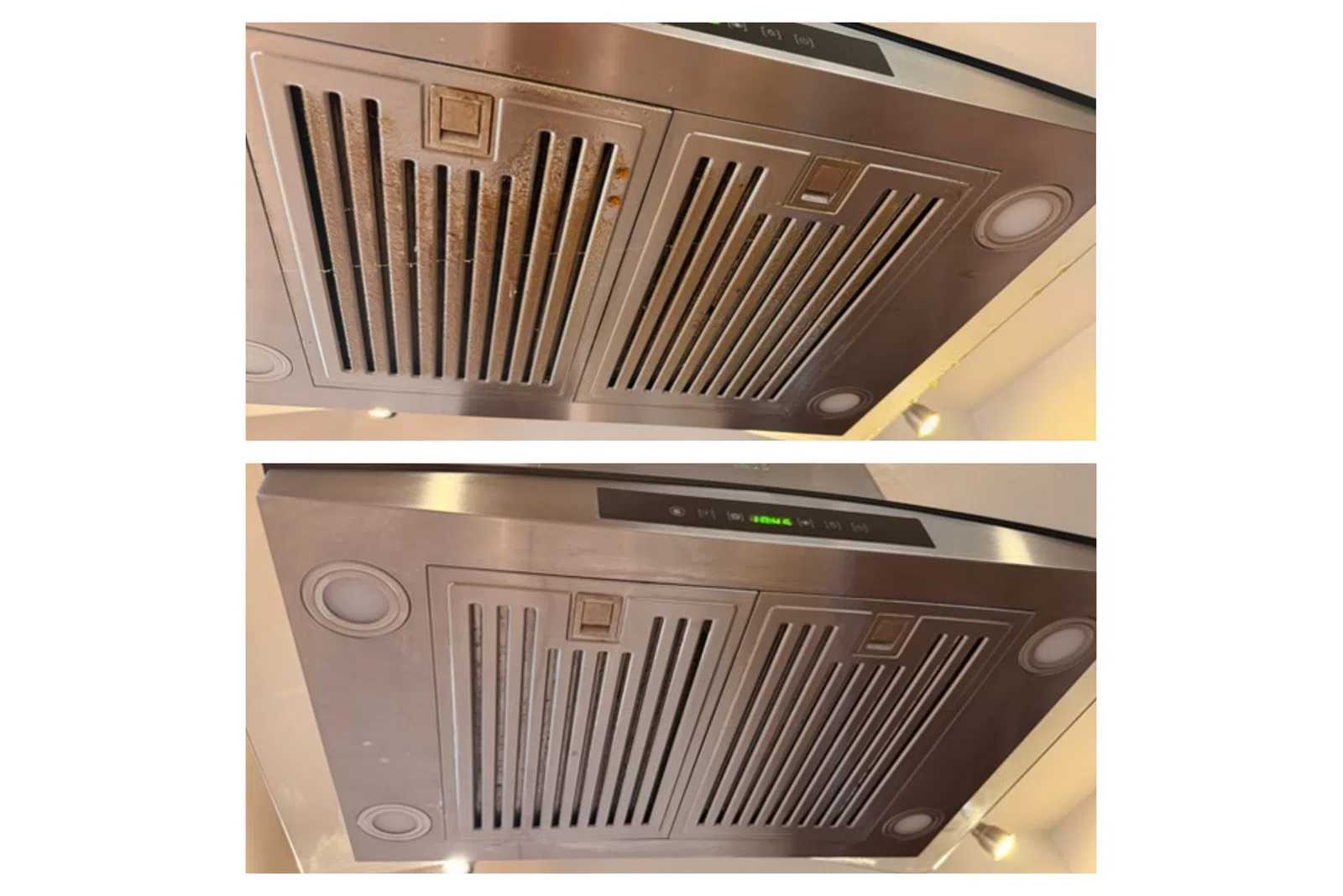 Comparison of a dirty and cleaned stainless steel kitchen range hood filter and vent panel.