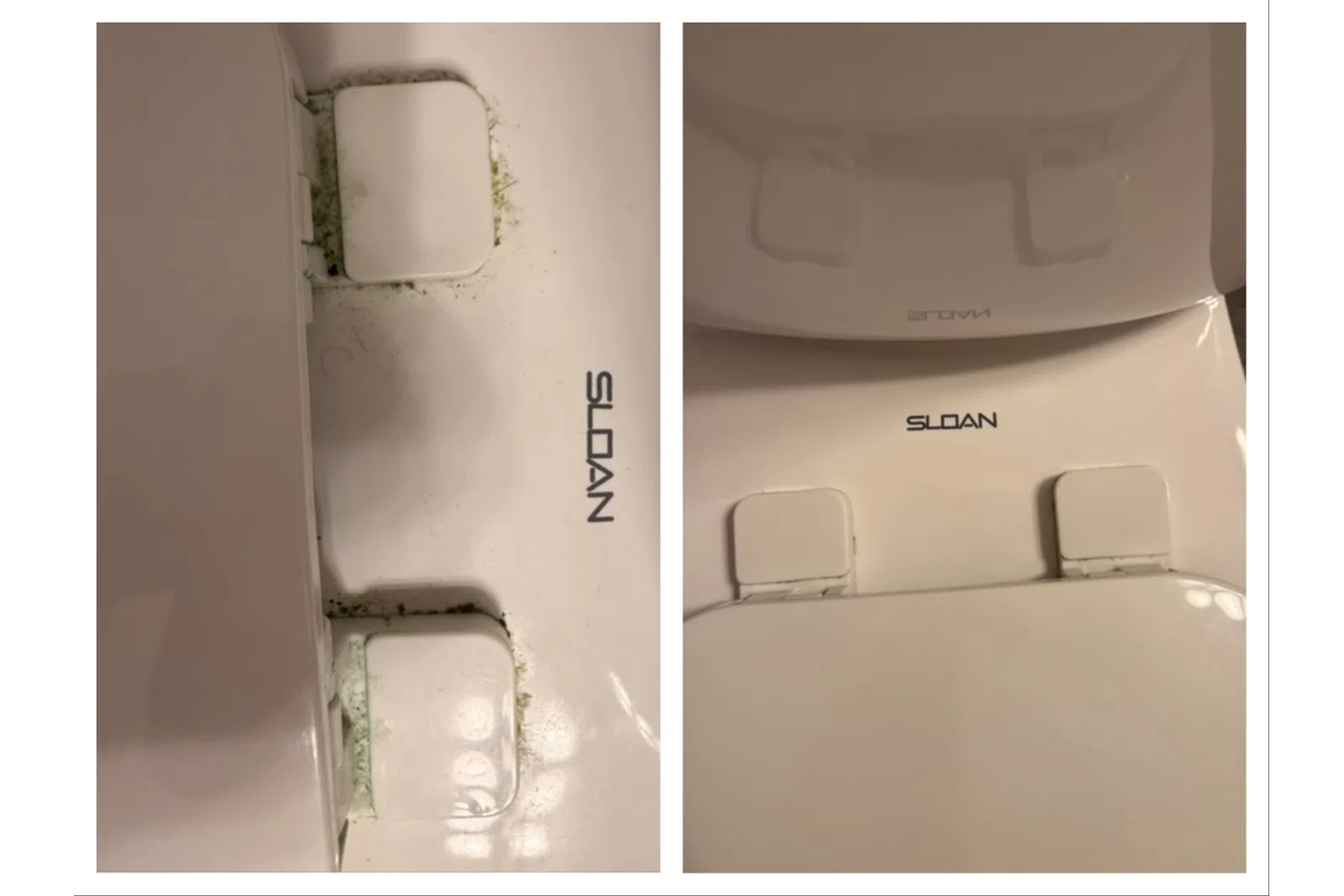 Comparison of two Sloan toilet seat hinges, one dirty with grime and the other clean and well-maintained.