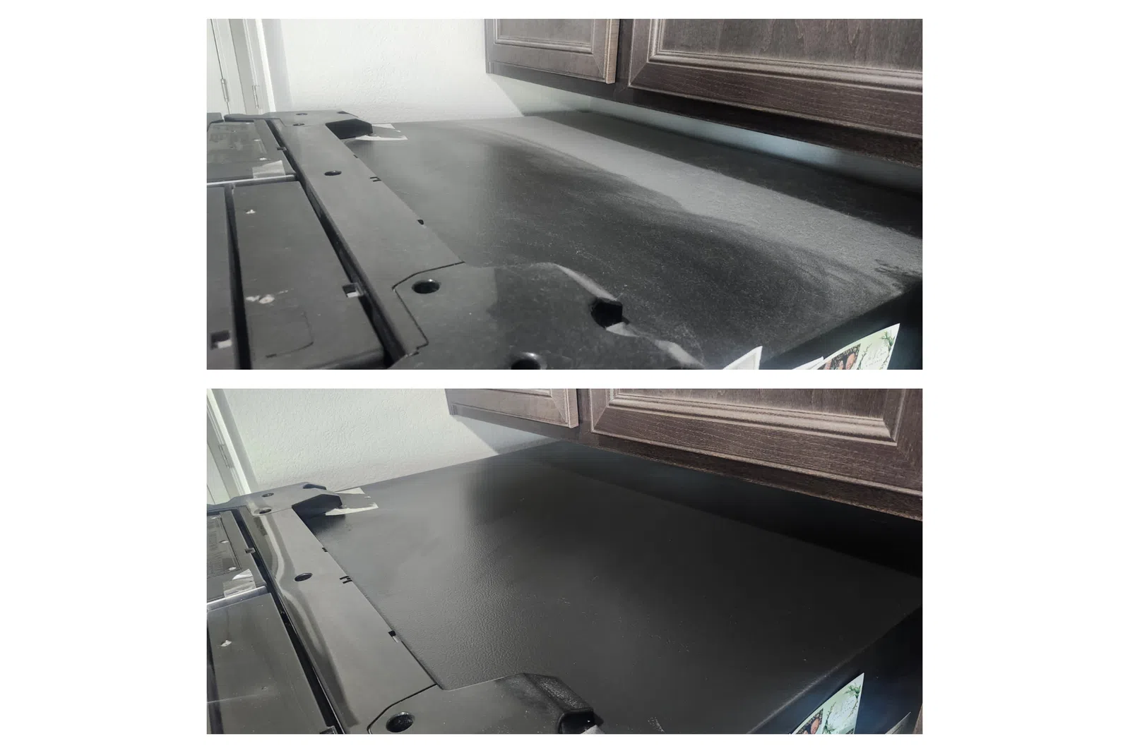 Before and after images of a black stove top showing heavy dust cleaned to a smooth, clean surface.