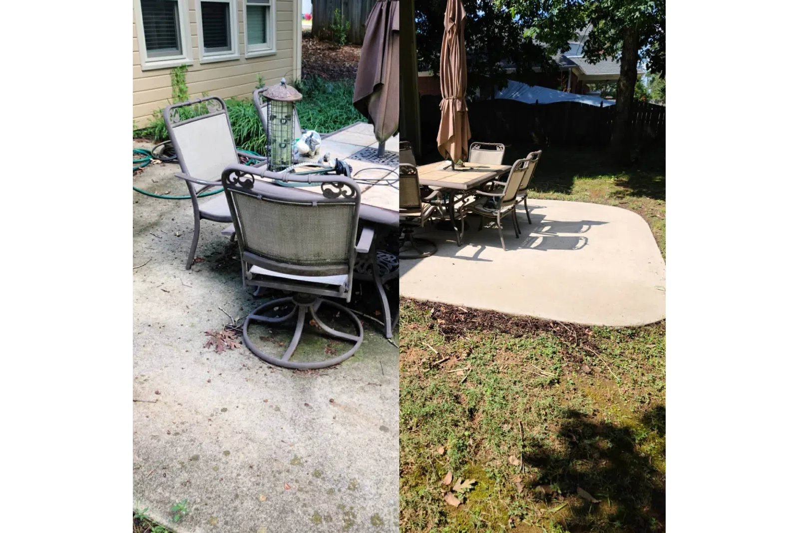 a patio with chairs and tables