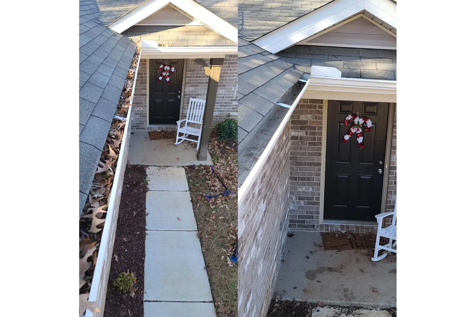 a house with a brick patio and a door with flowers on it