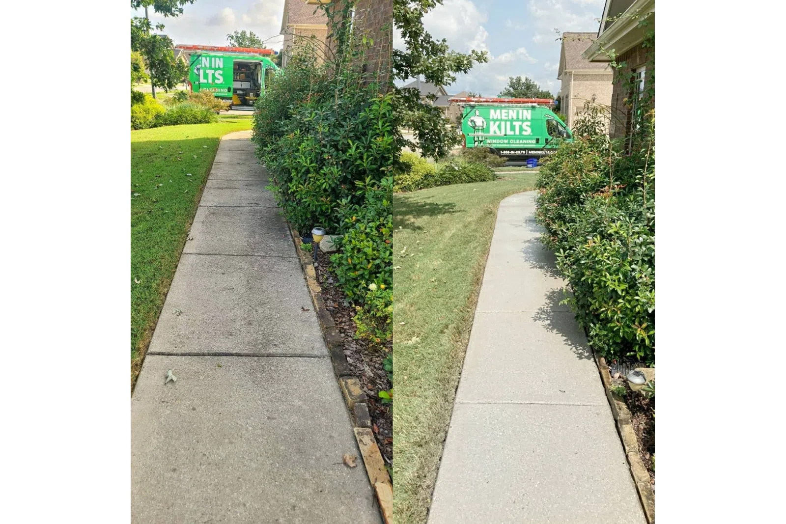 a sidewalk with plants and a bus