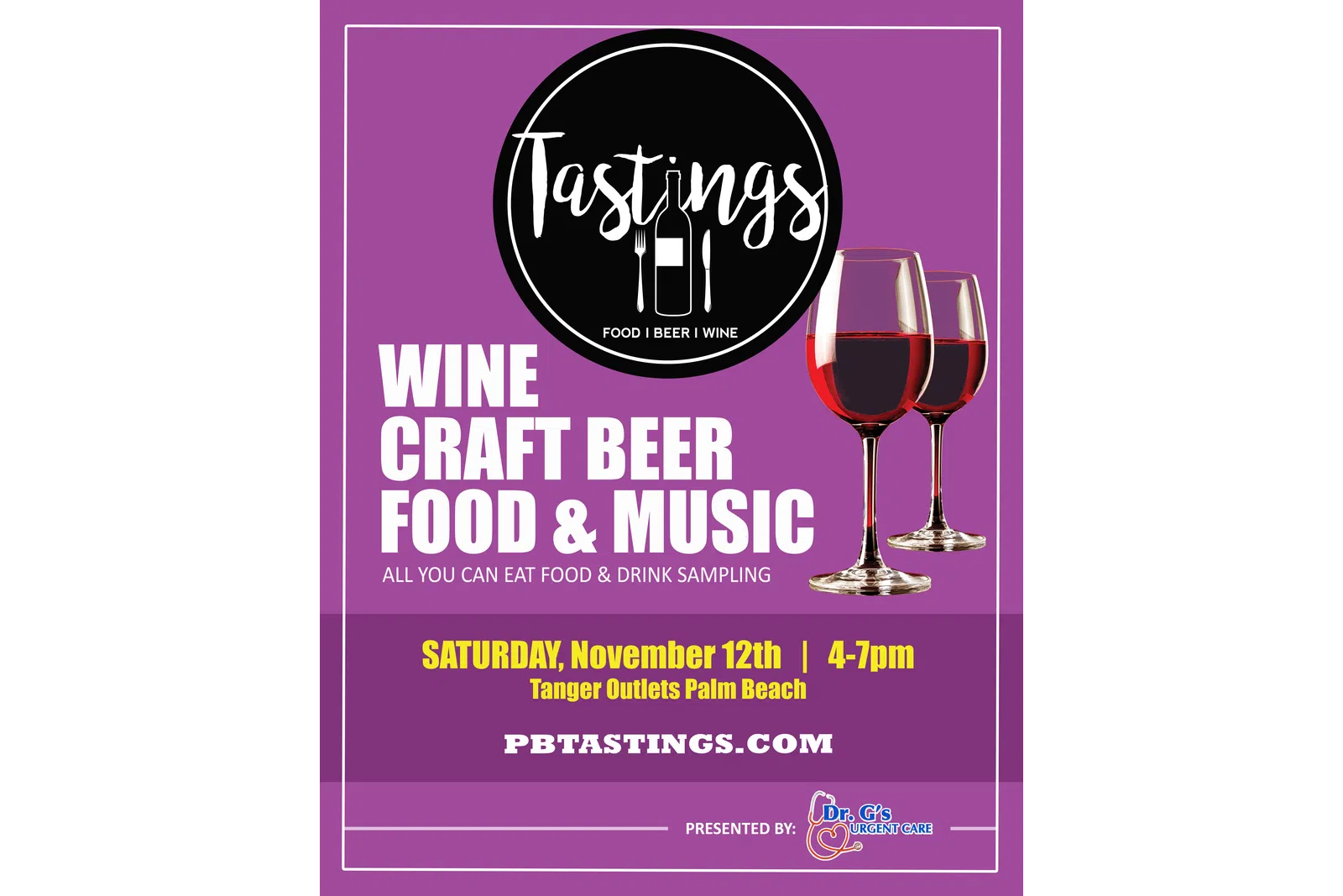 Purple event poster advertising wine, craft beer, food, and music tasting with date and location details.