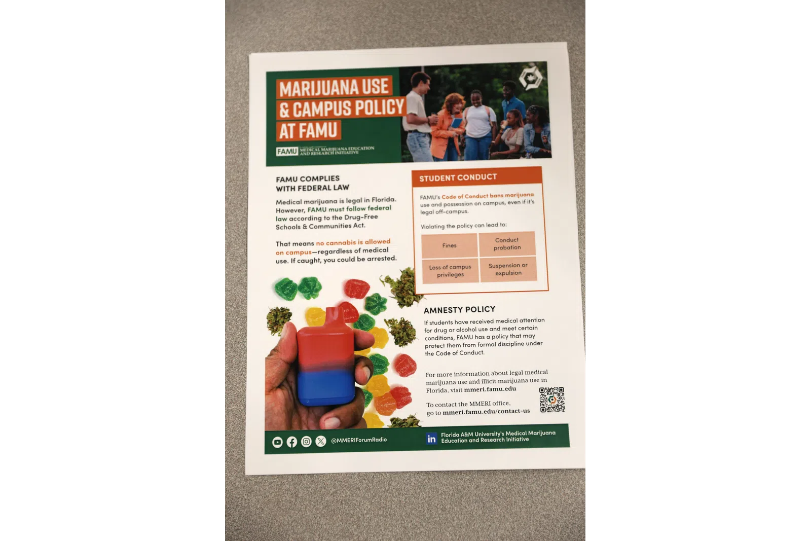 Flyer about marijuana use and campus policy at FAMU, detailing student conduct rules and amnesty policy.