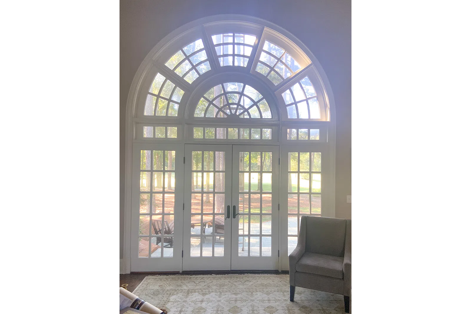 a room with glass doors