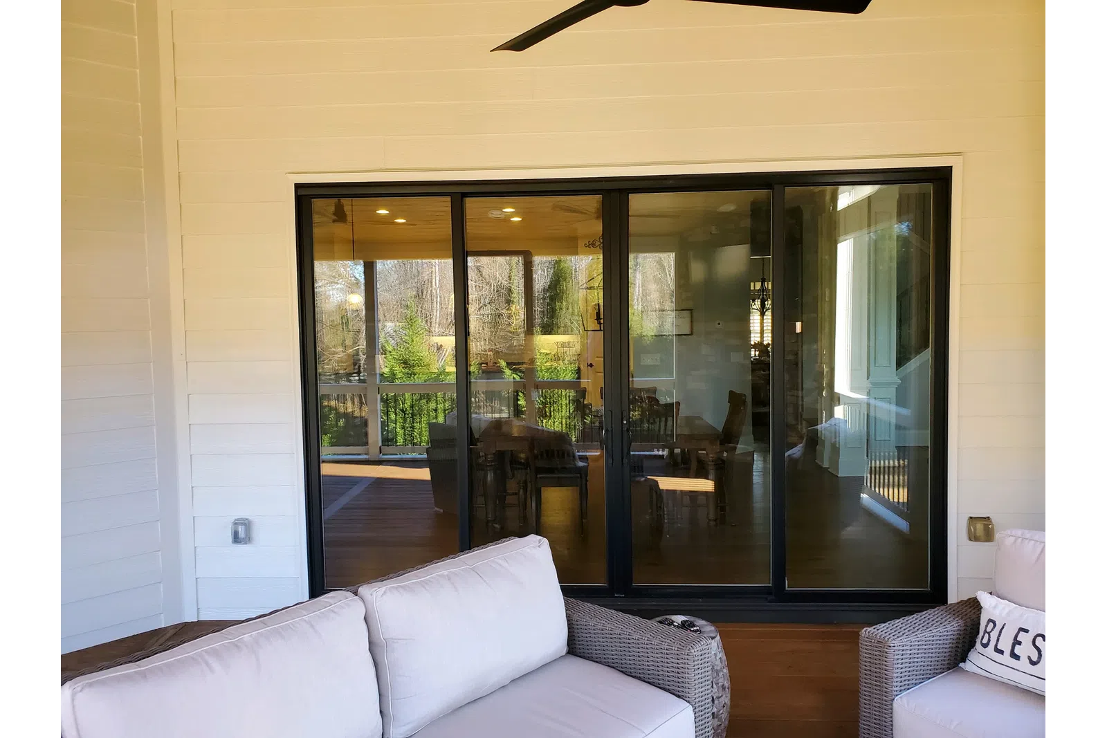 a room with glass doors