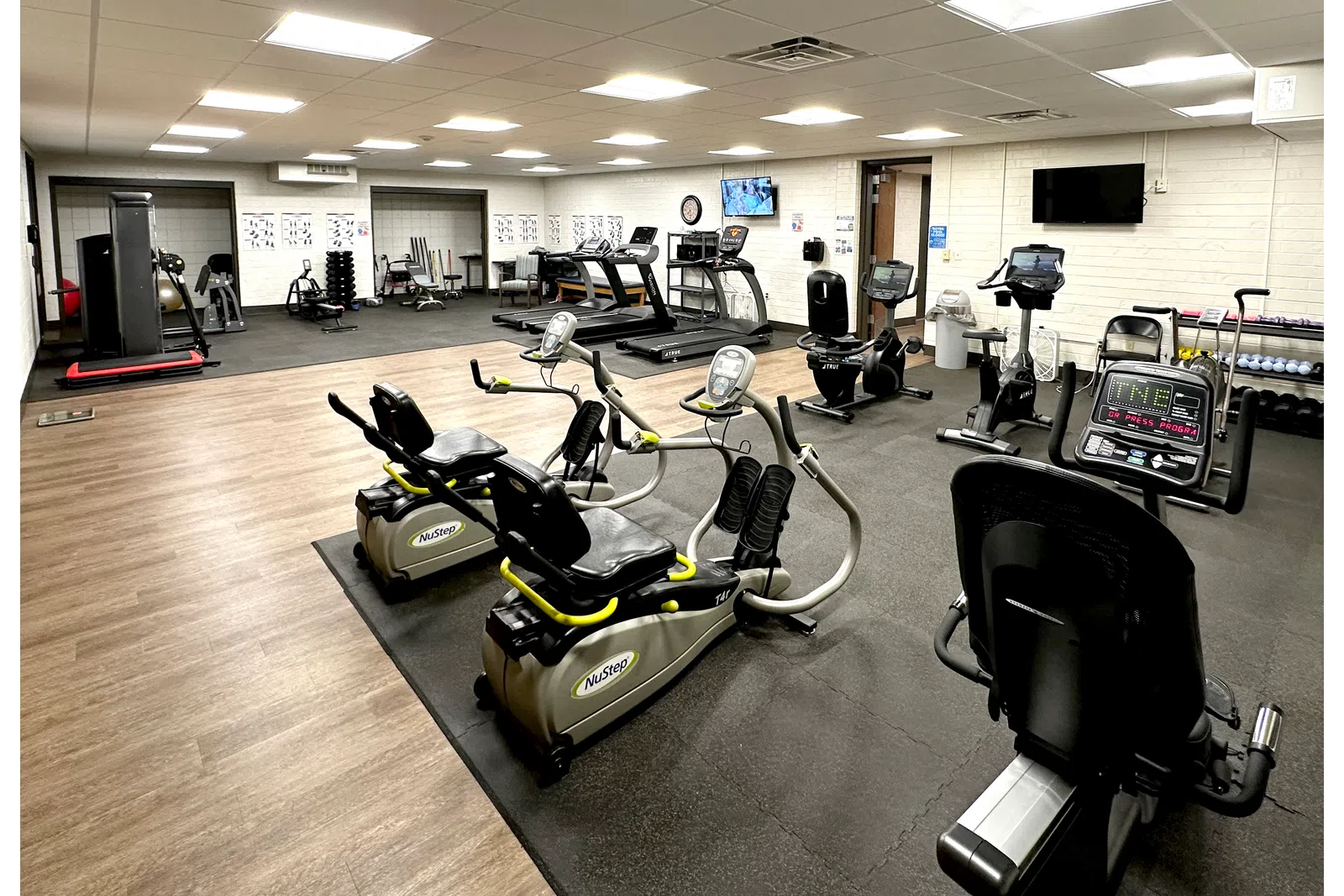 Modern gym interior featuring various exercise equipment and cardio machines on a spacious floor.
