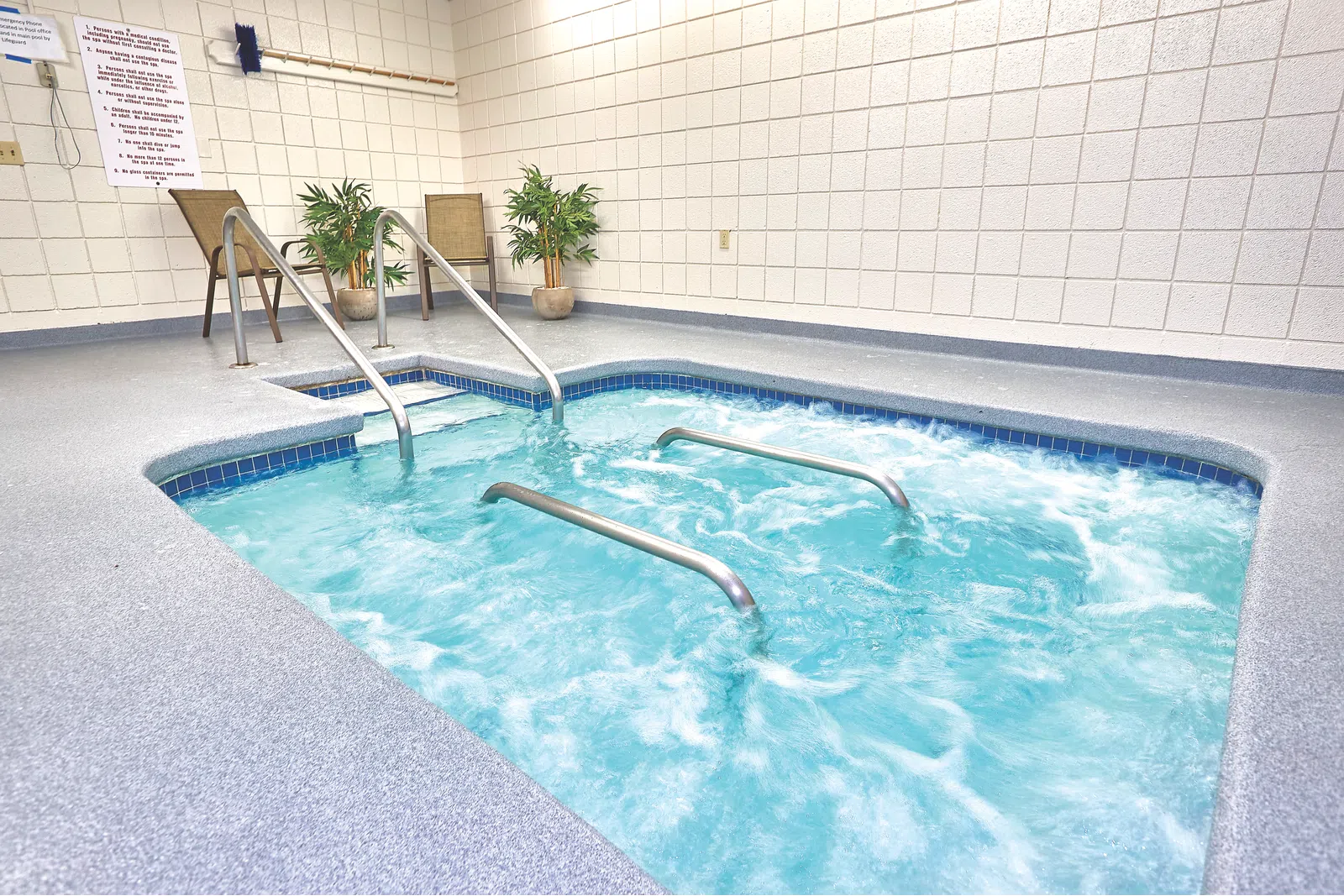 Indoor hot tub with bubbling water and stainless steel handrails, surrounded by potted plants.