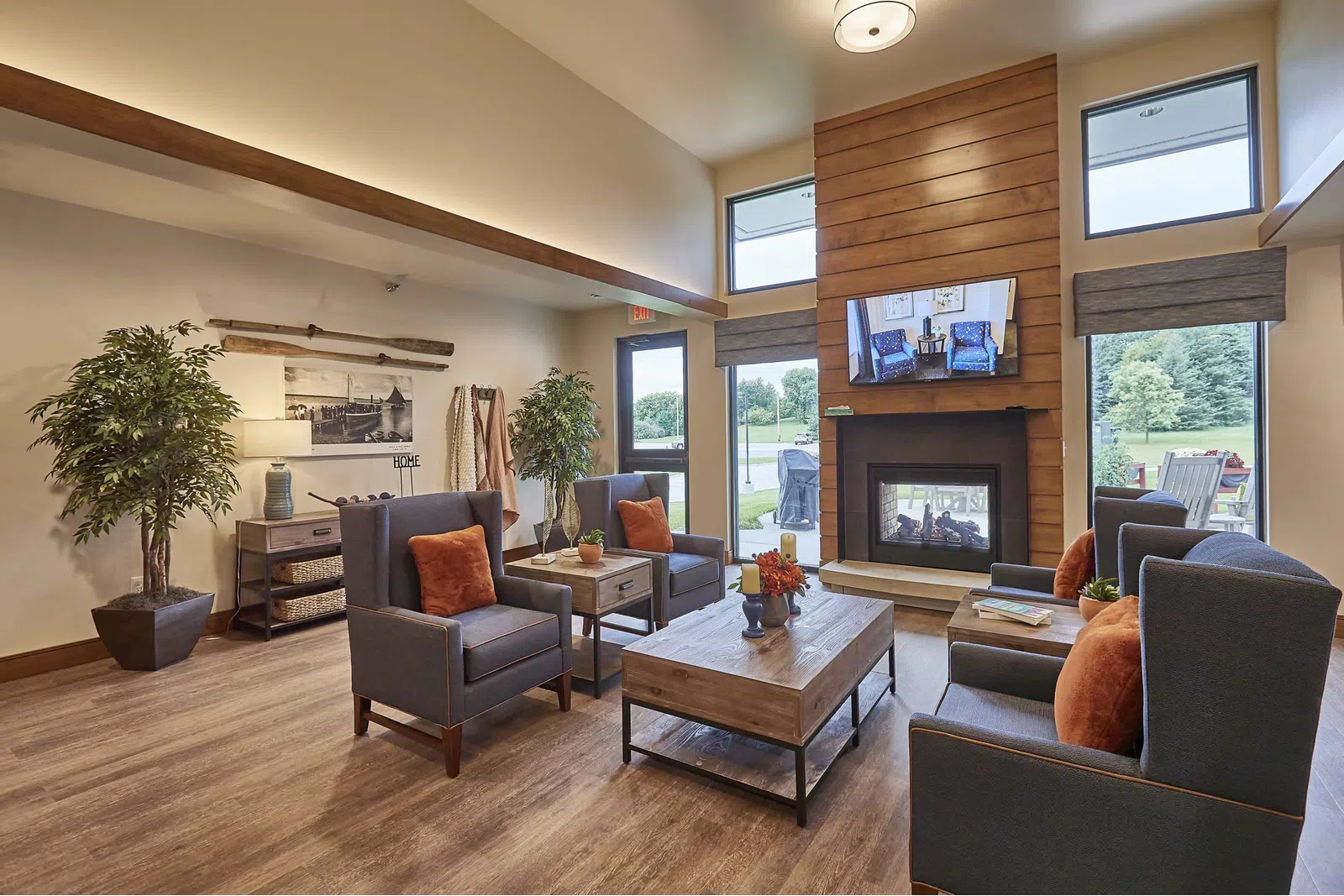 a living room with a fireplace