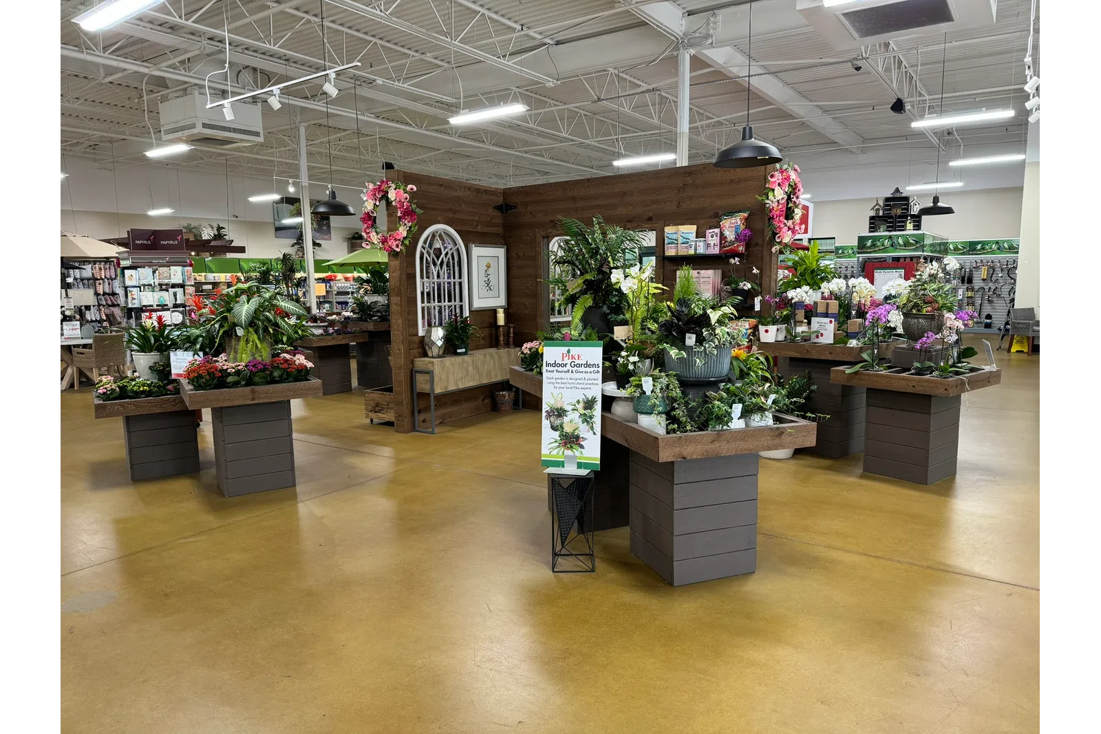 Indoor garden section in a store with various potted plants and flowers displayed on wooden tables.