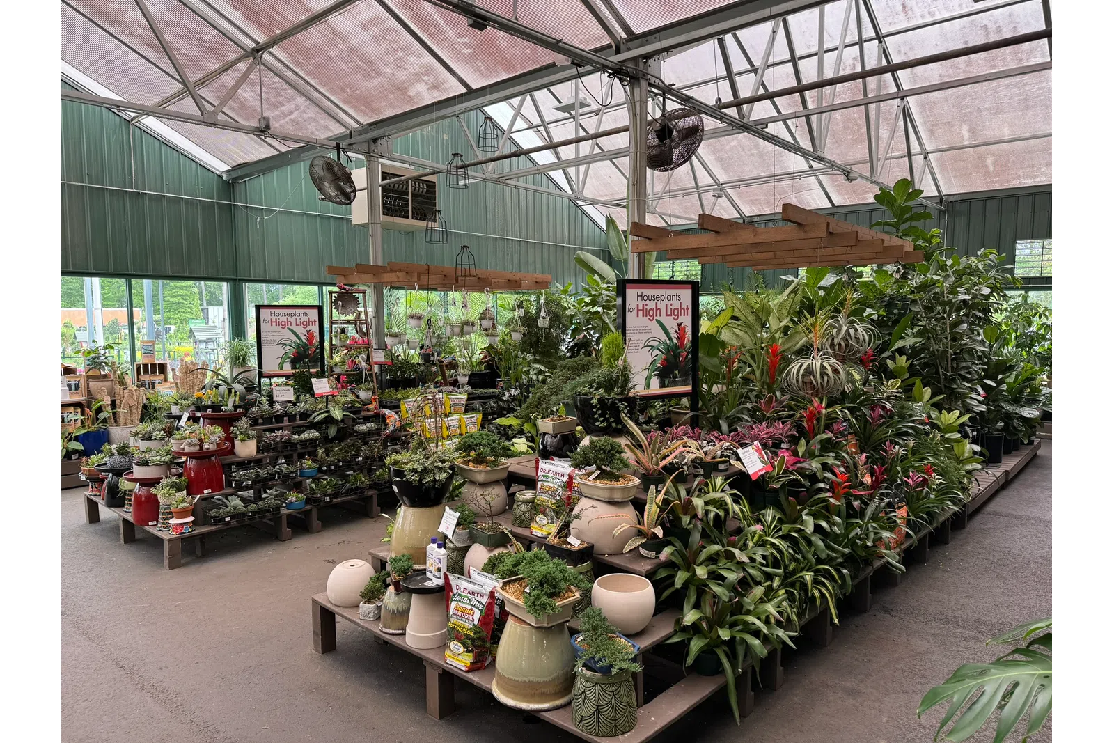 Indoor garden center with various houseplants and pots under translucent roofing for natural light.