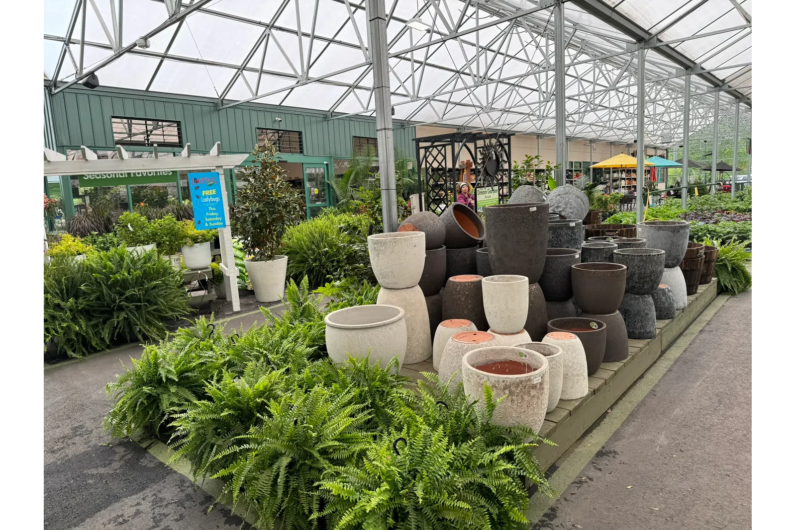 Large variety of ceramic and stone garden pots displayed in a spacious greenhouse with lush green plants.