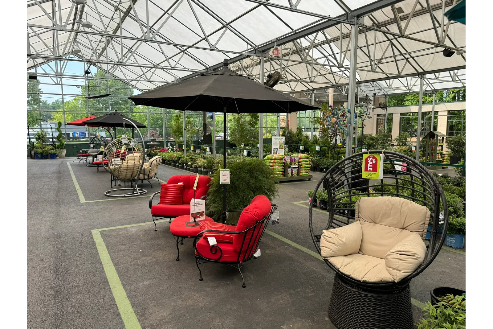 Indoor patio furniture display with red cushioned chairs, black umbrella, and hanging wicker chairs in a greenhouse.