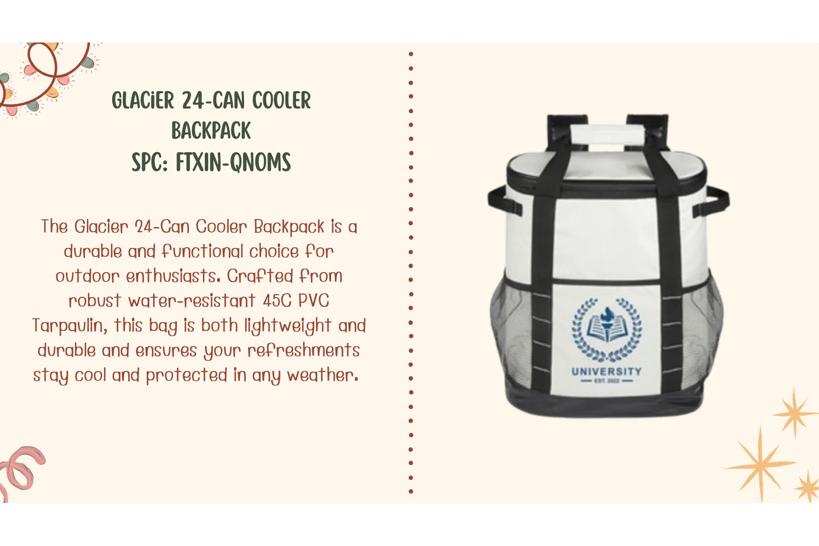 White and black Glacier 24-Can Cooler Backpack with university logo on front pocket