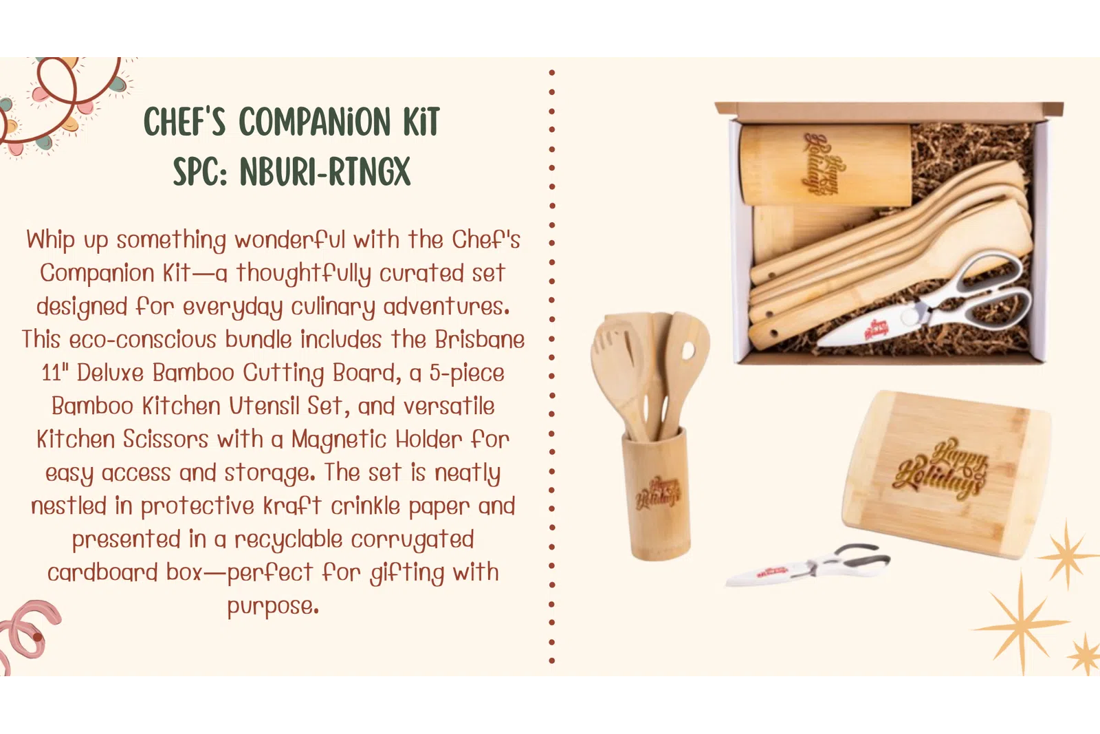 Chef's Companion Kit featuring bamboo cutting board, kitchen utensils, scissors with magnetic holder, gift box.