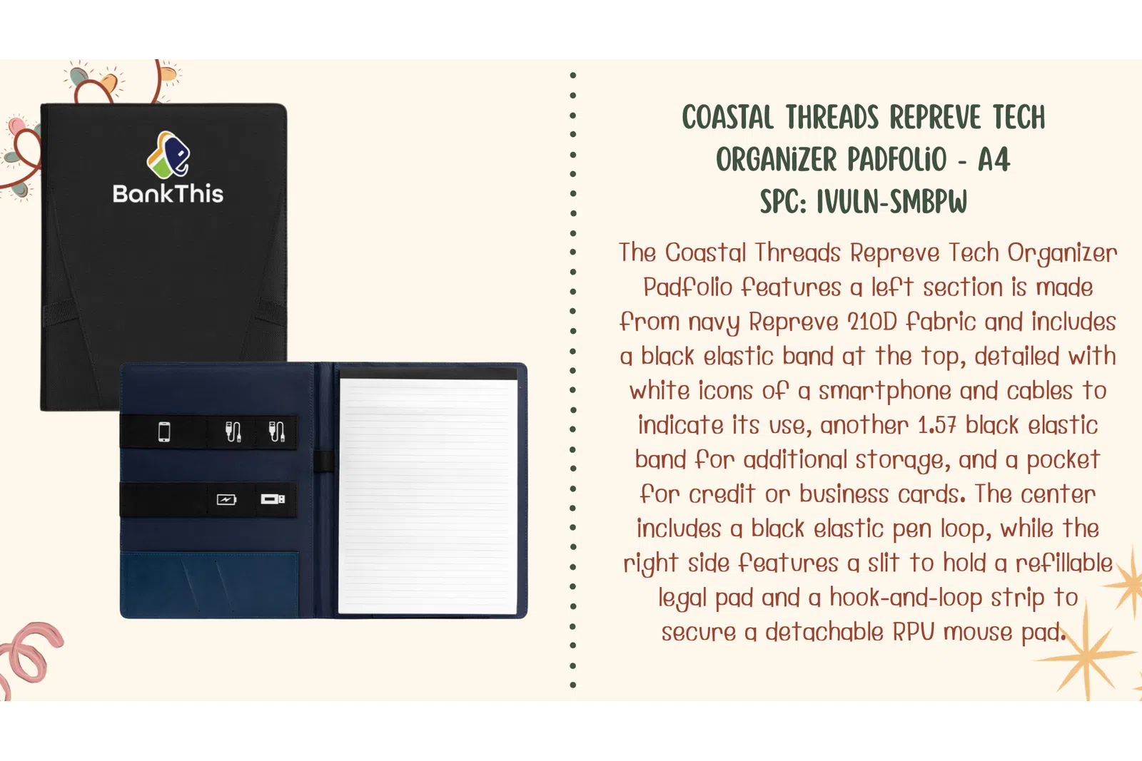 Coastal Threads Repreve tech organizer padfolio in navy with elastic bands, pen loop, card pocket, and detachable mouse pad.