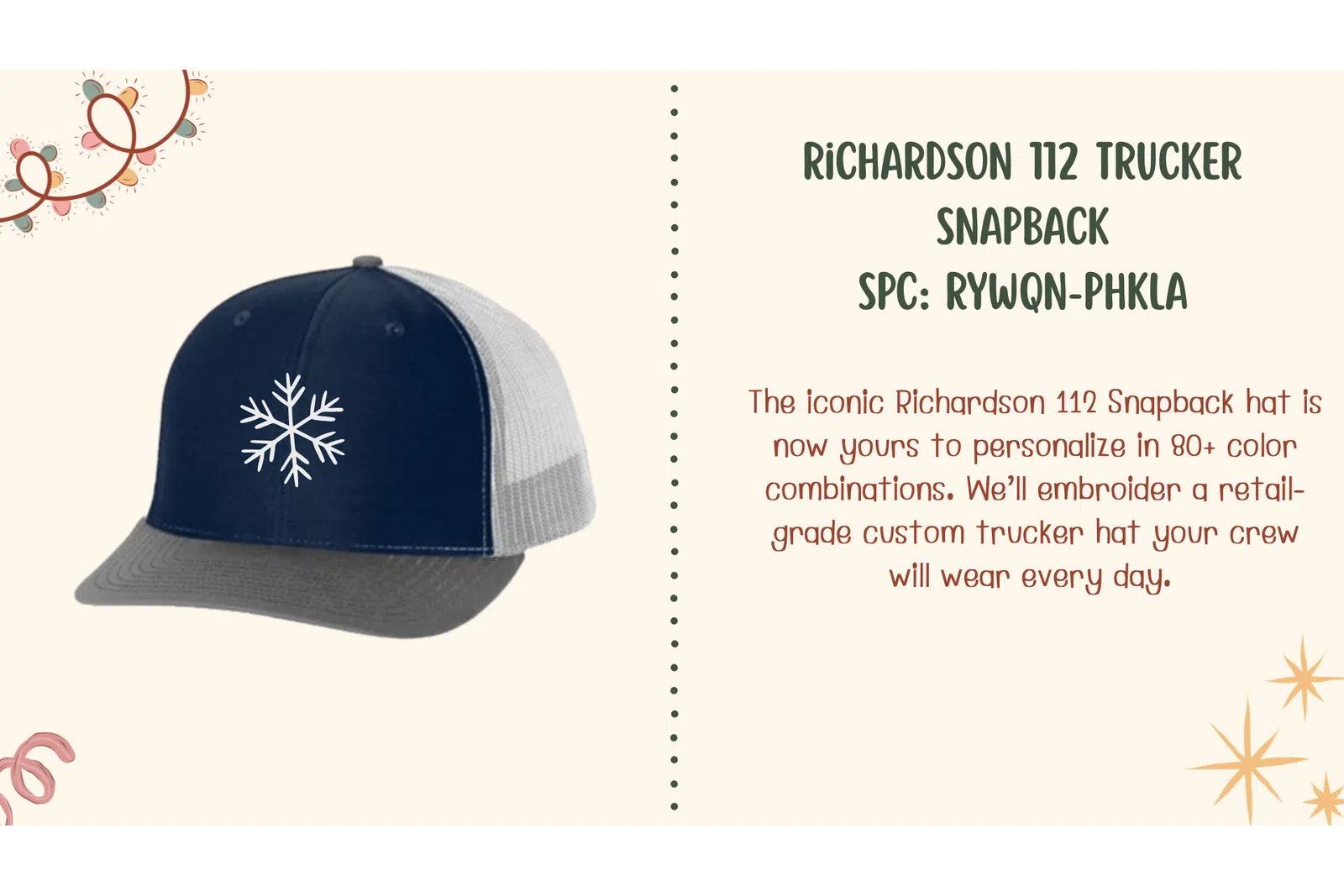 Navy and gray Richardson 112 trucker snapback hat with white snowflake embroidery and mesh back.