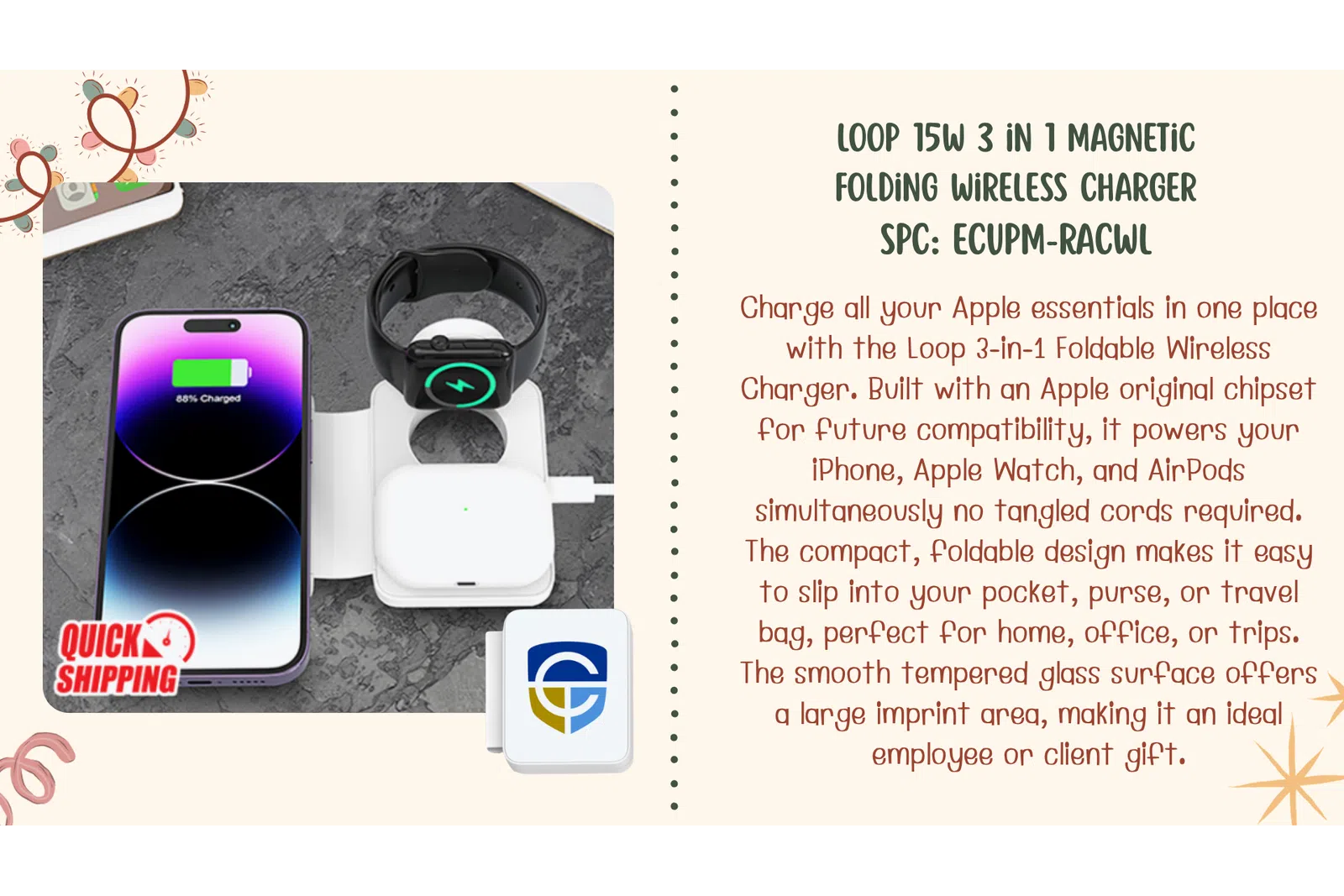 3-in-1 magnetic foldable wireless charger powering iPhone, Apple Watch, and AirPods on a dark surface with charging icons.
